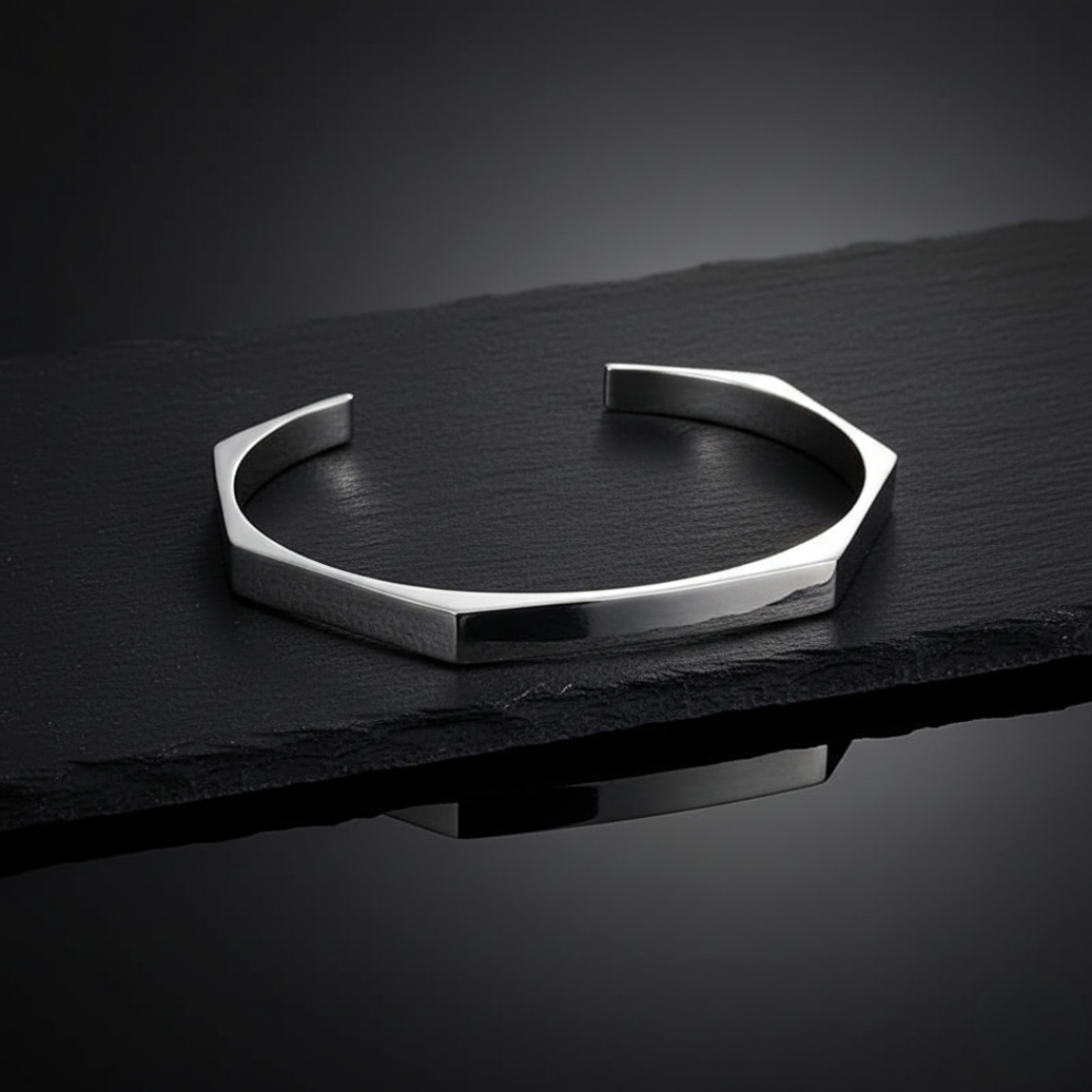 Men’s Geometric Cuff Bracelet – Stainless Steel Open Bangle | Minimalist Silver Wristband for Men