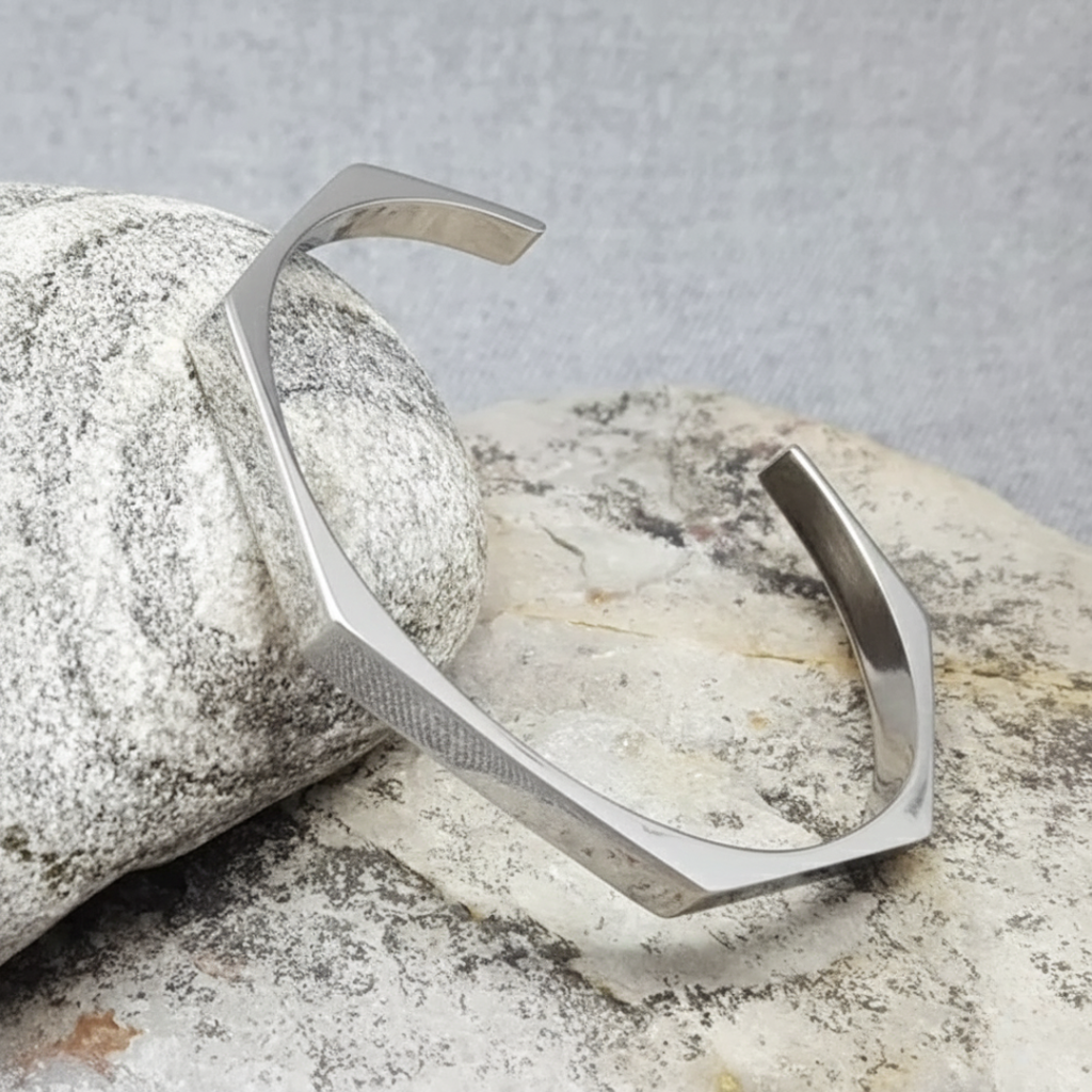 Men’s Geometric Cuff Bracelet – Stainless Steel Open Bangle | Minimalist Silver Wristband for Men