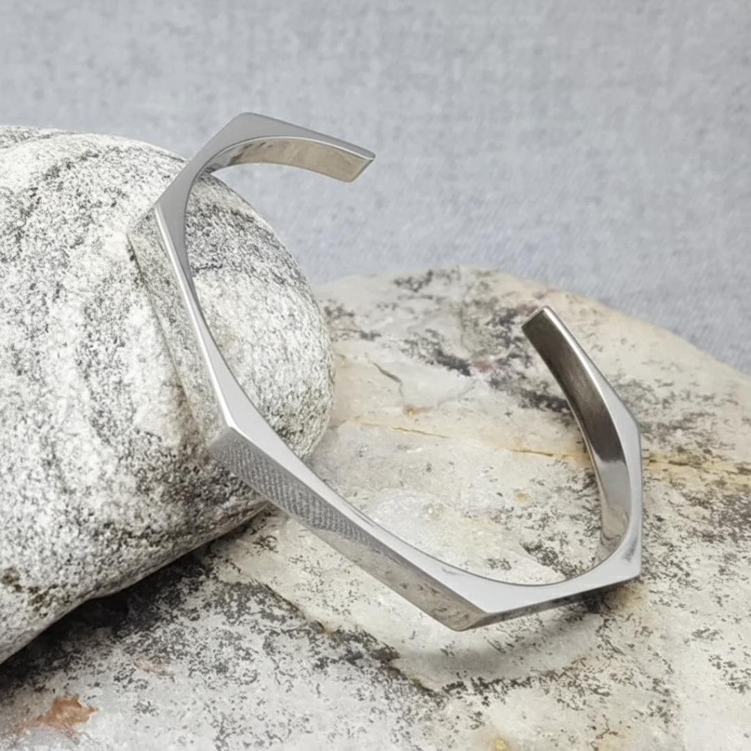 Men’s Geometric Cuff Bracelet – Stainless Steel Open Bangle | Minimalist Silver Wristband for Men